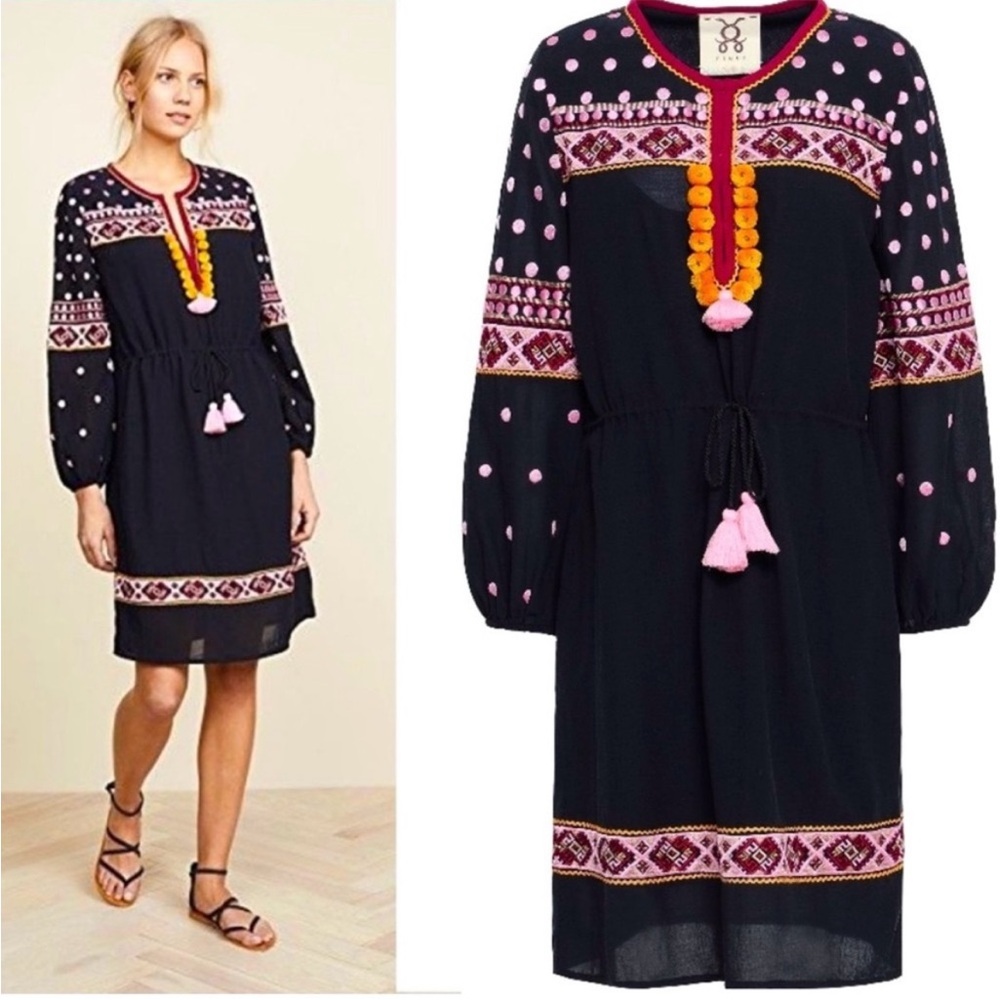 Figue Boho Black Dress with Embroidered Pink and Orange Accents
